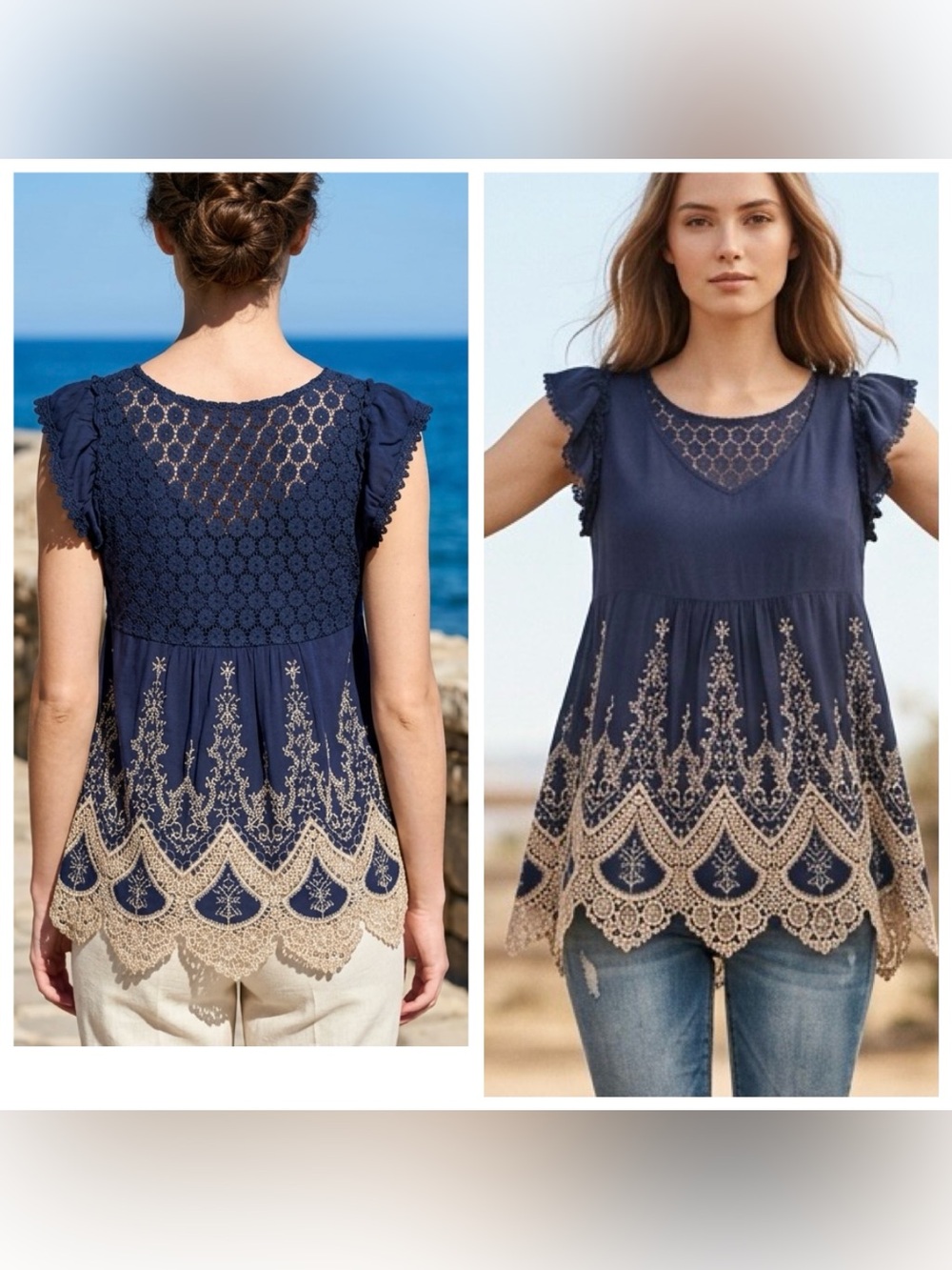 ALTAR’D STATE Sz S Navy Blue Embroidered crochet Lace-Trim Cap Sleeve Women Top